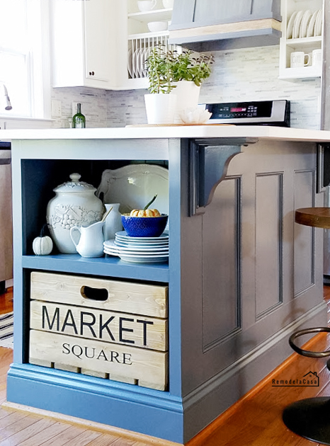 grey kitchen island with shelf on the end and Market Square crate