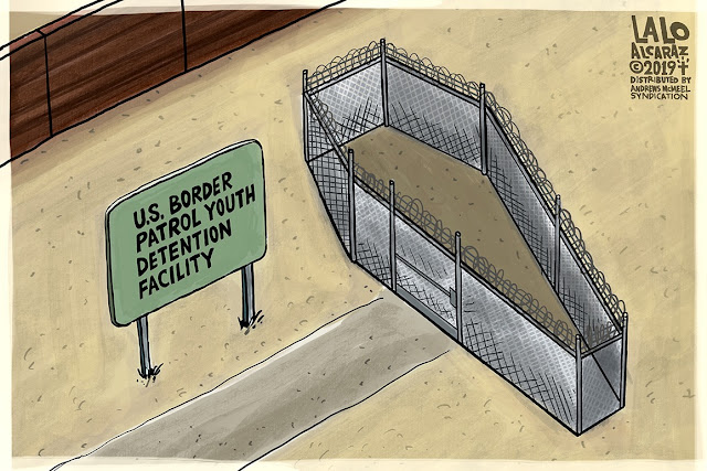 Sign:  U. S. Border Patrol Youth Detention Center.  Image:  Coffin-shaped wire cage topped with barbed wire.