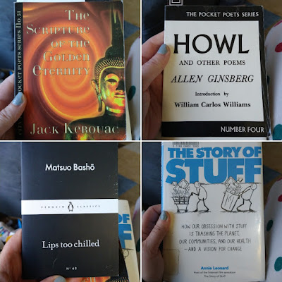 Now reading: Scripture of the Golden Eternity by Jack Kerouac, Lips too chilled by Matsuo Basho, Howl by Allen Ginsberg, The Story of Stuff by Annie Leonard