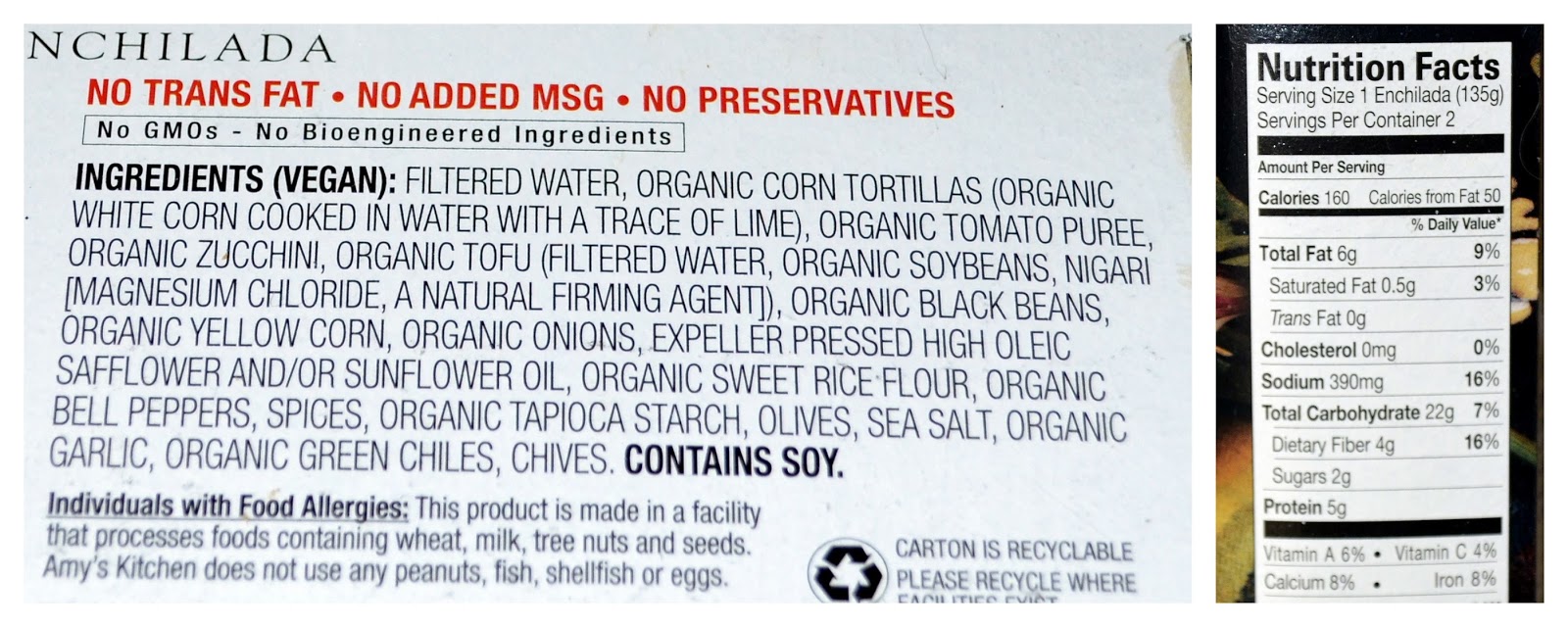 With Kale on Top! Amy's Black Bean & Vegetable Enchilada