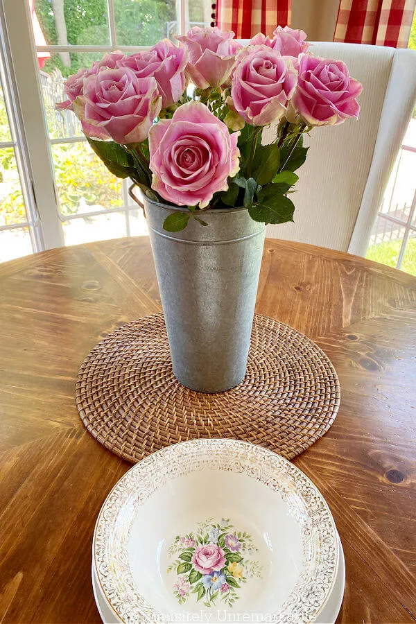 Pink Roses and Pink Bowl on a dining table