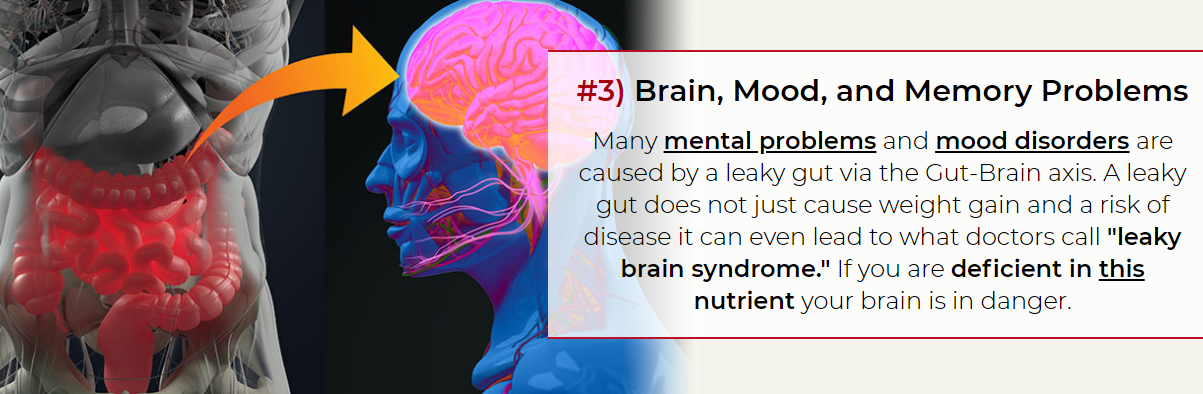 3) Brain, Mood, and Memory Problems Many mental problems and mood disorders are caused by a leaky gut via the Gut-Brain axis. A leaky gut does not just cause weight gain and a risk of disease it can even lead to what doctors call "leaky brain syndrome." If you are deficient in this nutrient your brain is in danger. Viscera-3 Review: Real SANE Viscera 3 Supplement Ingredients