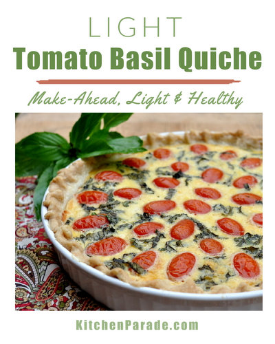 Light Tomato Basil Quiche Recipe ♥ KitchenParade.com, a make-ahead, healthy, vegetarian and light quiche recipe.