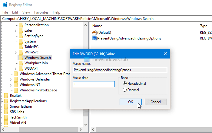 Geavanceerde indexeringsopties uitschakelen in Windows 10