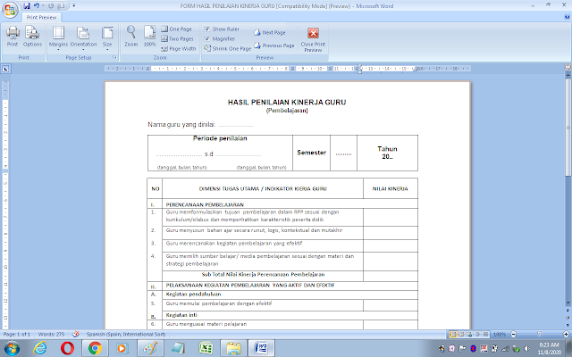 Format hasil penilaian kinerja guru kelas/mata pelajaran