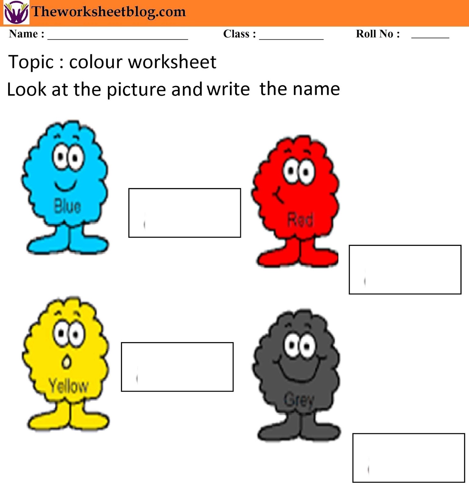 Colours recognition worksheet for kindergarten.
