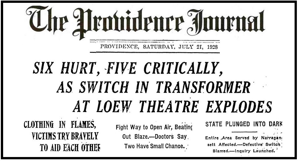 VINTAGE THEATRE CATALOGS: STAGE STRUCK! THE TRANSFORMER VAULT EXPLOSION AT  LOEW'S STATE -- PROVIDENCE RI-- JULY, 1928