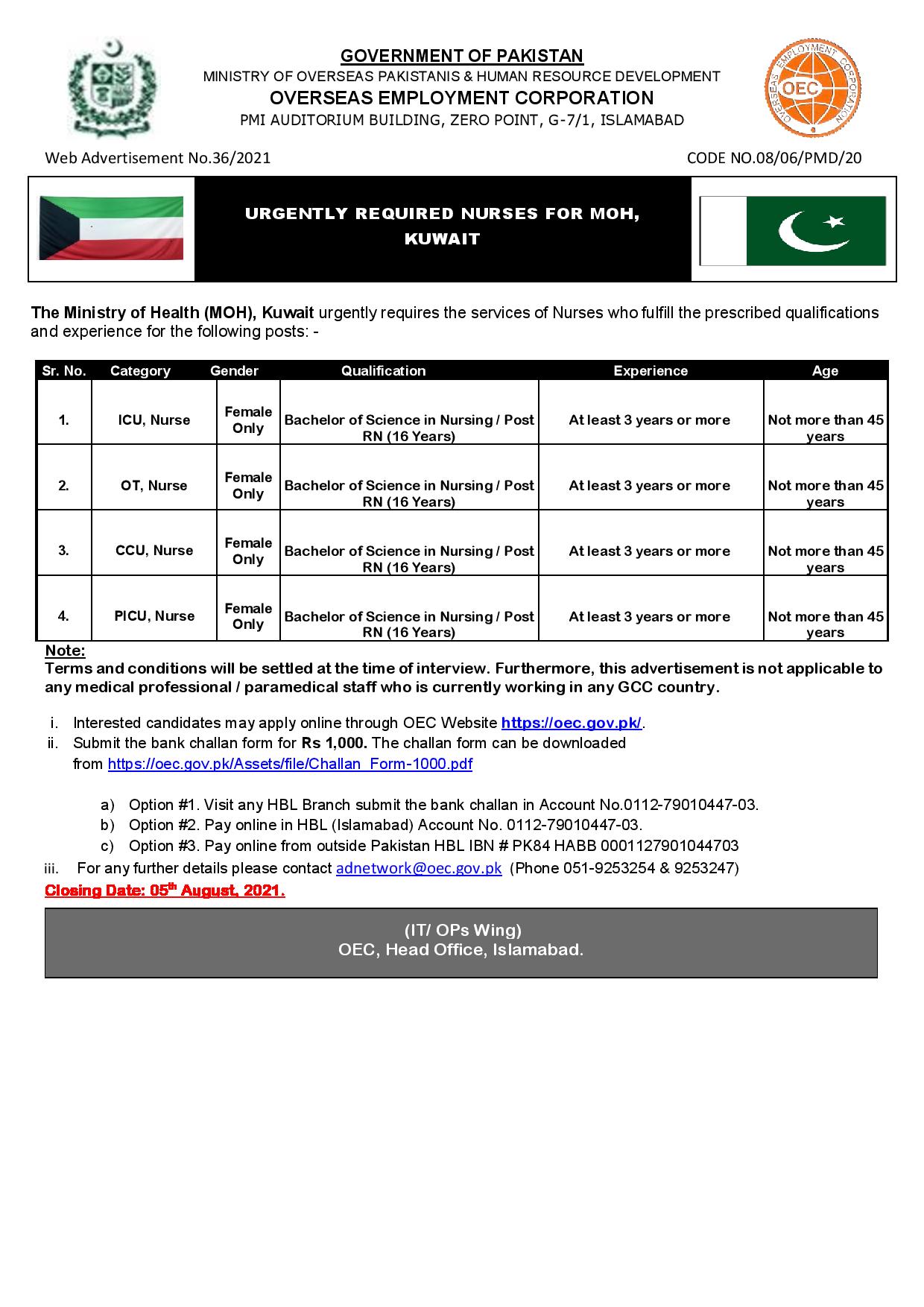 Overseas Employment Corporation OEC Pakistan Announced Nurses Jobs in Ministry of Health Kuwait in July 2021