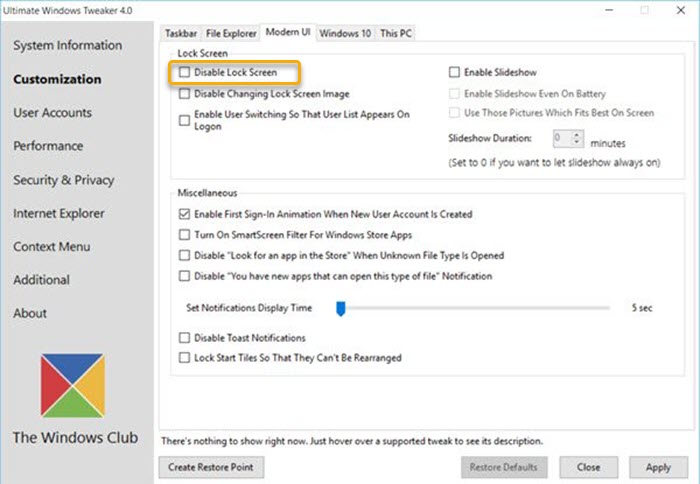 Utiliser l'écran de verrouillage Ultimate Windows Tweaker-Disable