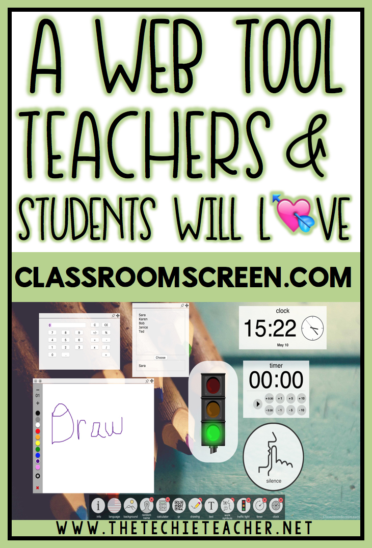 Classroomscreen.com: A Web Tool Teachers and Students will LOVE. Easy way to turn your browser into an interactive board. Digital stoplight, timer, calendar, random name picker, drawing tools, work symbols, text area, QR generator and more are all tools included in this free web tool.