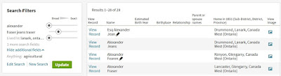 Screen capture from Ancestry.ca showing the search filters used to locate Alexander Fraser in Lanark, Ontario, Canada in the 1851 Census of Canada West Agricultural schedule along with the first four results returned.