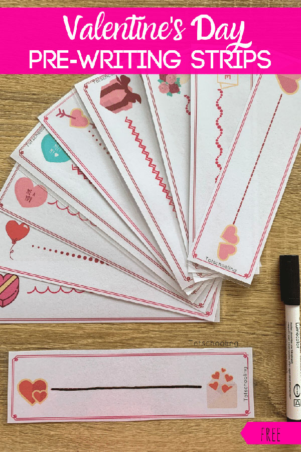 FREE prewriting practice cards for toddlers and preschoolers to develop fine motor skills and writing readiness. Features a lovely Valentine's Day theme.