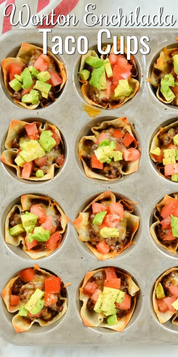 Wonton Taco Enchilada Taco Cups filled with homemade ground beef enchilada filling are a delicious easy to make appetizer or dinner recipe from Serena Bakes Simply From Scratch.