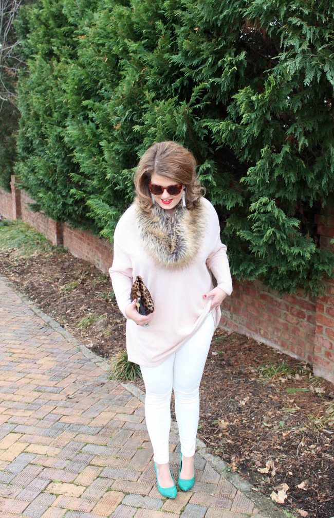 Blush Pink Sweater and White Jeans