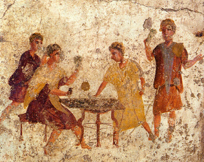 Noppapeliä kuvaava fresko Pompejista