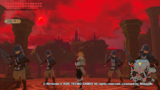 Zelda wearing her winter clothes during the Blood Moon. She stands on the Sacred Grounds with Hyrule Soldiers at her side.