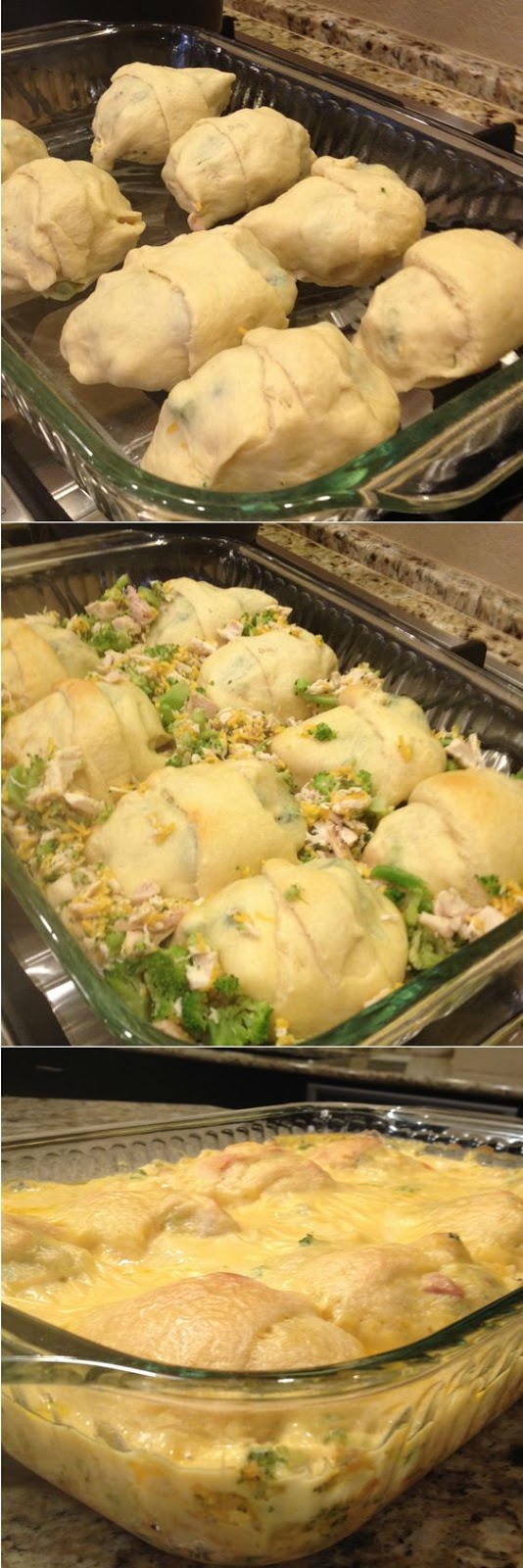 Today's recipe is all about comfort...Cheesy Chicken Crescent Bake! CHEESY CHICKEN CRESCENT BAKE - Crescent rolls stuffed with chicken, broccoli and cheddar cheese, baked, then smothered in a cheesy