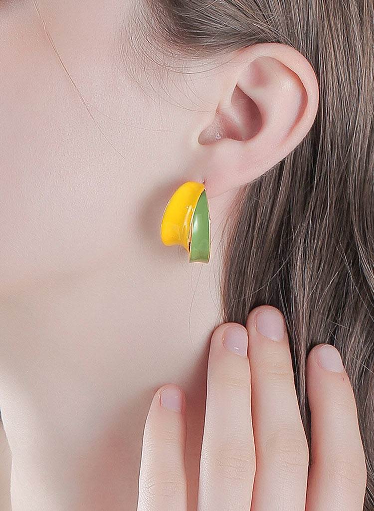 造型風綠黃相間滴釉耳環