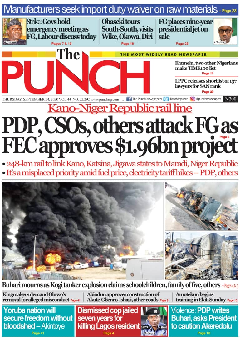 Front Page Headlines From 5 Top Newspapers In Nigeria Today, 24th