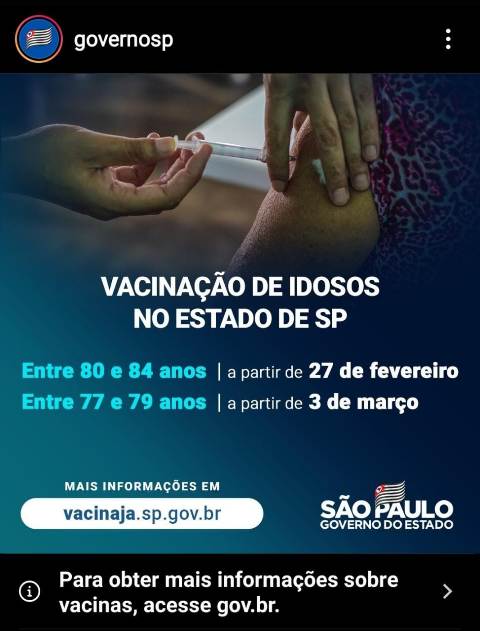 Governo de SP antecipa calendário e começa a vacinar idosos acima de 77 anos na próxima semana