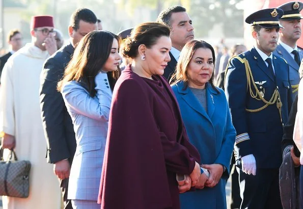 The King of Morocco and Royal family members with a state ceremony held at the Royal Palace. Princess Lalla Salma. Massimo Dutti dress