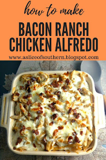 Bacon Ranch Chicken Alfredo:  The ultimate comfort pasta dish is made into a quick and easy weeknight meal, bursting with gooey cheese and bacon! - Slice of Southern