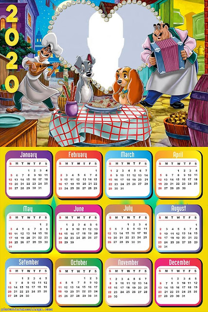 Lady and the Tramp: Free Printable 2020 Calendar. Lady and the Tramp: Free Printable 2020 Calendar.