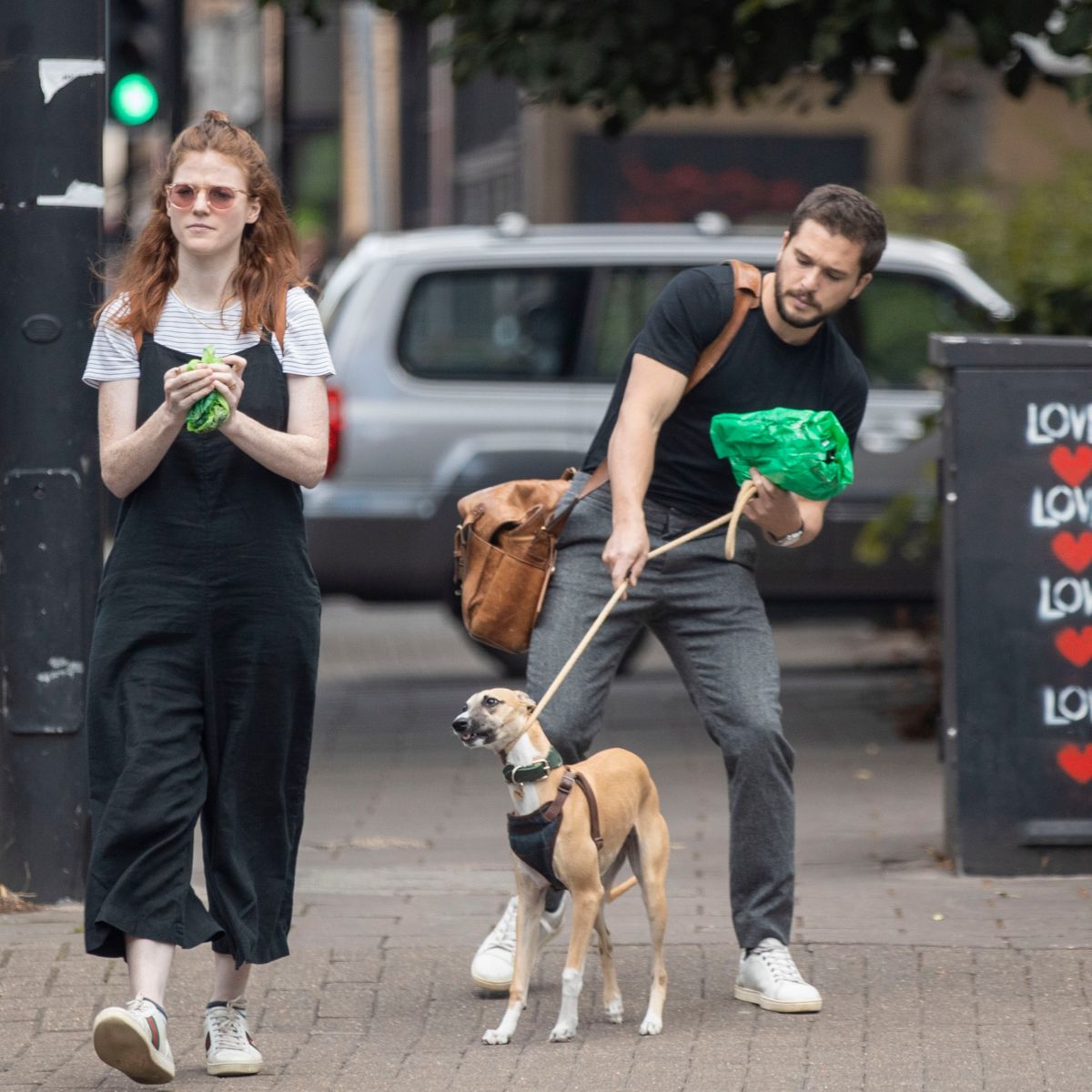 Rose Leslie and Kit Harington Clicked Outside with Their Dog in London