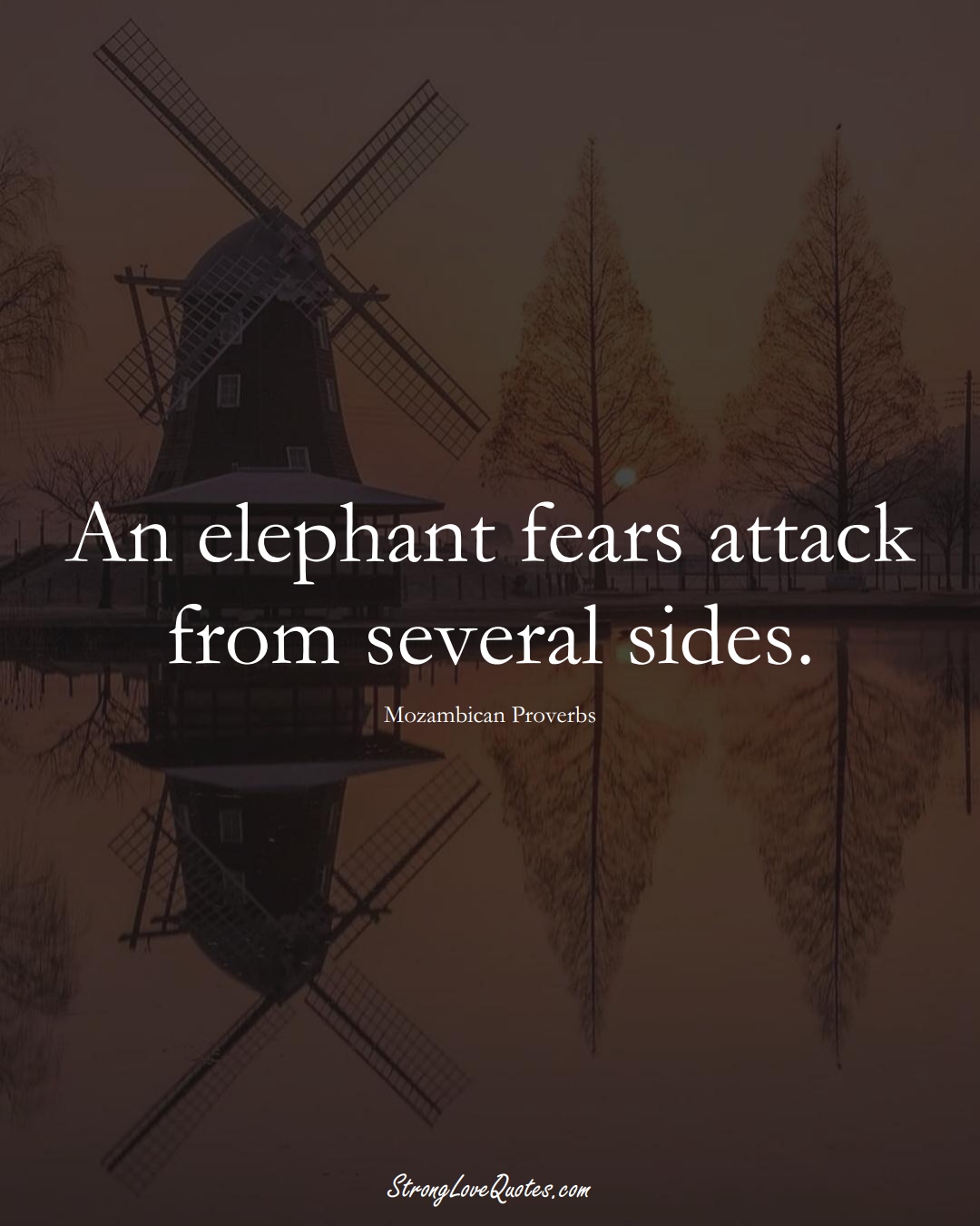 An elephant fears attack from several sides. (Mozambican Sayings);  #AfricanSayings