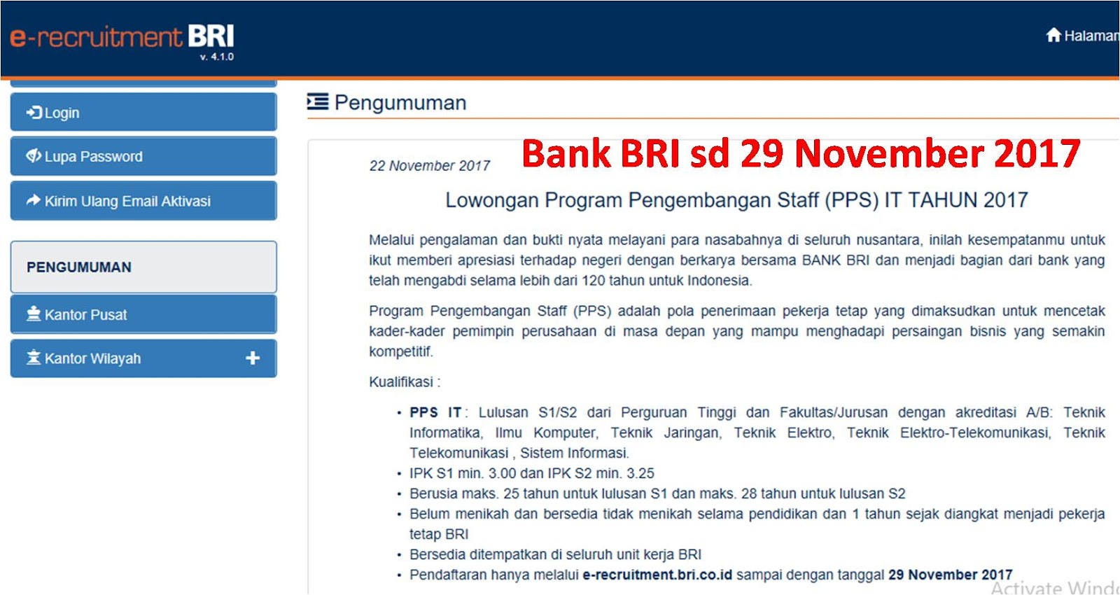 Bank BRI Program Pengembangan Staf sd 29 November 2017 