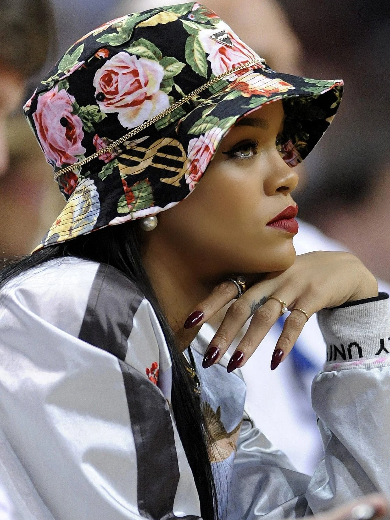 Rihanna wearing bold floral print bucket hat