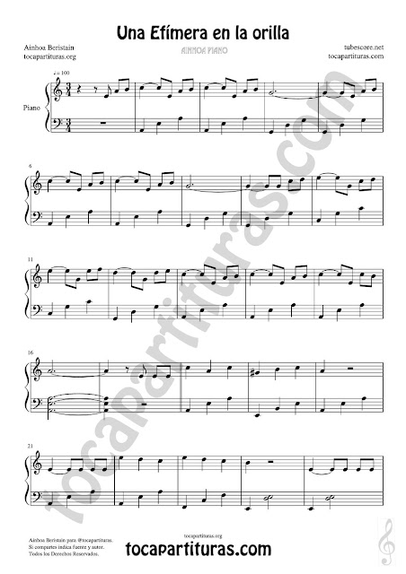 Partitura de Piano Fácil en formato JPG gratis para su desgarga de Una efímera en la orilla de Ainhoa Beristain Easy Piano Sheet Music for beginners