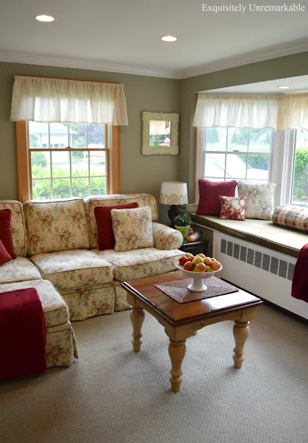 Cottage Style Family Room with floral couch