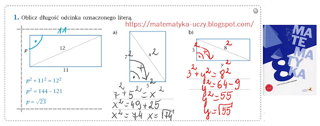 ćw. 1, 2 i 3 str. 36"Matematyka z plusem 8" - zastosowanie Twierdzenie Pitagorasa (zeszyt ćwiczeń podstawowych)