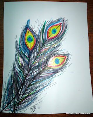 Peacock Feathers on the Virtual Refrigerator art link-up hosted by Homeschool Coffee Break @ kympossibleblog.blogspot.com #art  #VirtualFridge