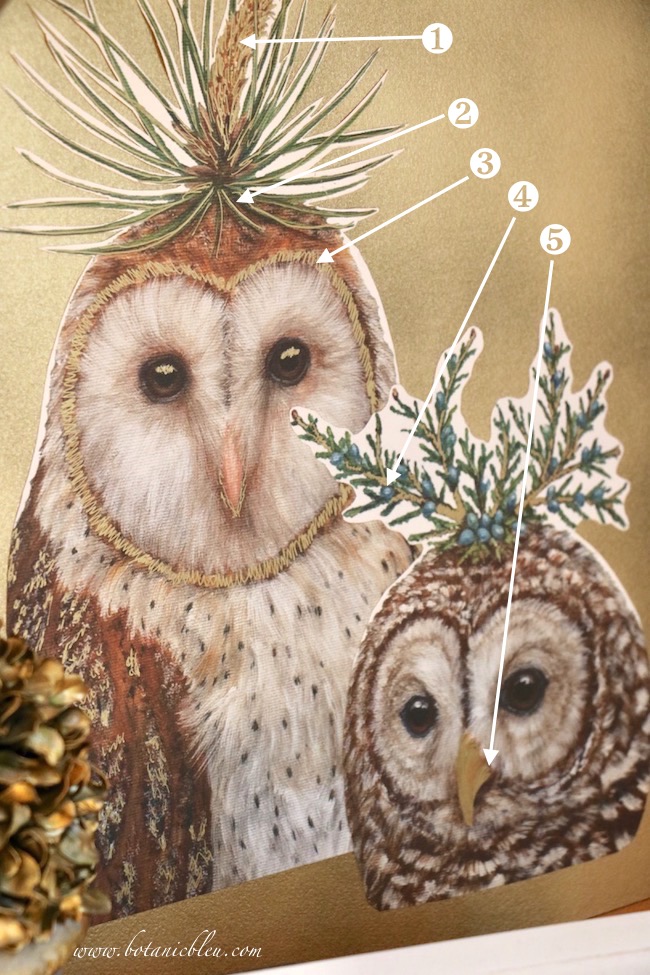 Gold paint pen accents were added to headdress, body feature, and feathers on paper print owls