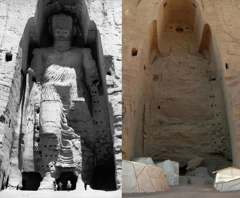 Sebuah patung Buddha di Bamiyan sebelum dan setelah pengrusakan oleh Taliban pada bulan Maret 2001.