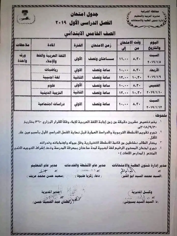 جدول امتحانات الصف الخامس الابتدائي 2023 محافظة الشرقية