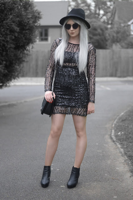 Sammi Jackson - Primark Black Fedora / Zaful Sunglasses / NaaNaa at ASOS Black Sequin Dress / OASAP Quilted Flap Bag / Office Chunky Ankle Boots
