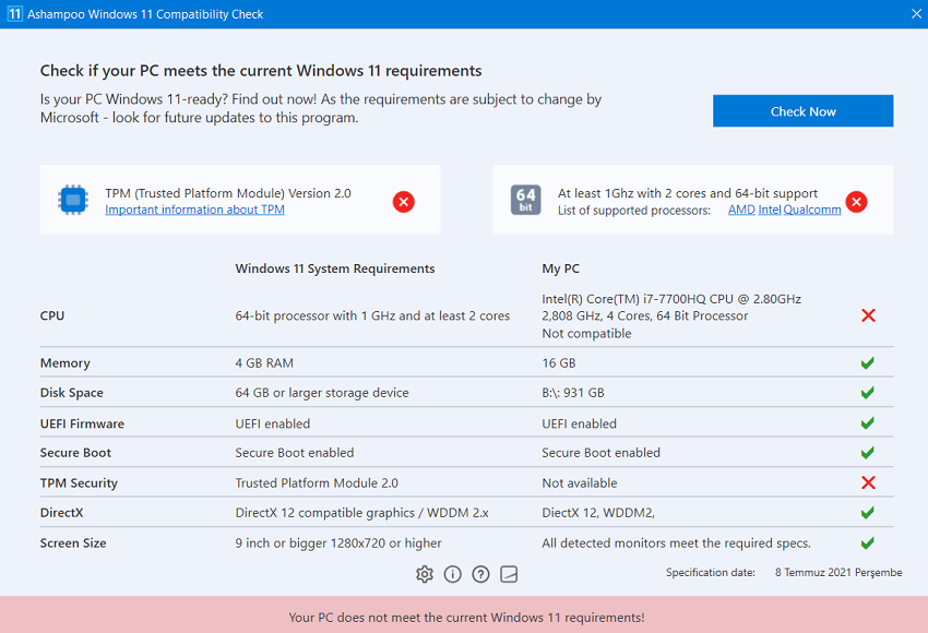 Ashampoo Windows 11 Compatibility Check Uyumluluk Denetleyicisi