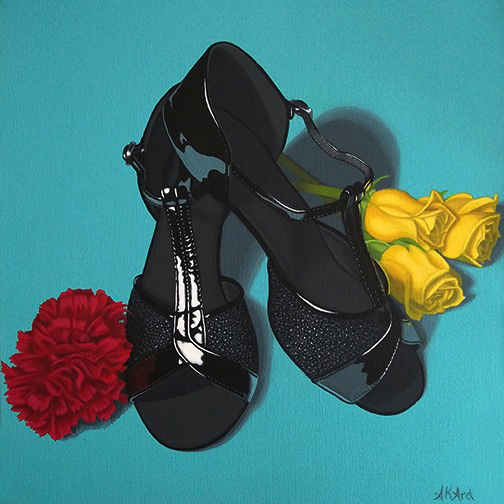 Acrylic painting, black shiny dance shoes, red carnation, yellow roses