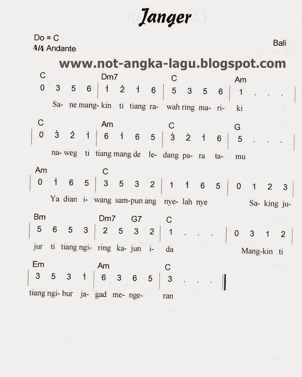 Not Angka Janger Kumpulan Not Angka Lagu