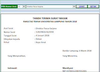 Halaman Cetak Tanda Terima Aplikasi Excel Agenda dan Arsip Surat versi 2