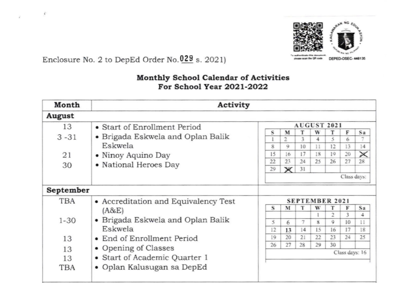 DepEd Released Official School Calendar and Activities for SY 2021-2022 ...