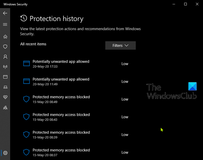 Elimina la cronologia di protezione di Windows Defender