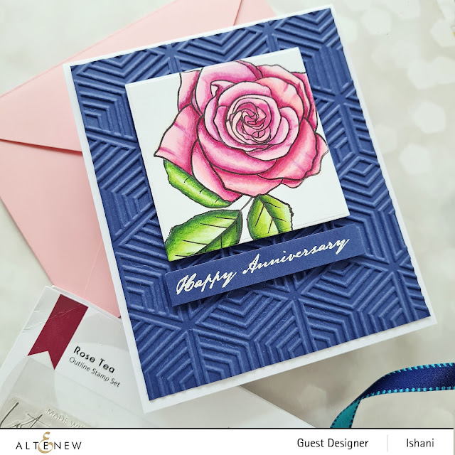 Video tutorial, Altenew Rose tea stamp set, Alcohol ink colred rose, Copic coloring rose, Altenew Rose tea, Anniversary Rose card, 3D Geo Diamonds Embossing folder