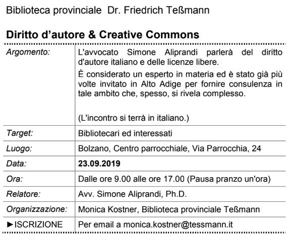 Un mio corso su diritto d'autore e Creative Commons alla Biblioteca Teßmann di Bolzano