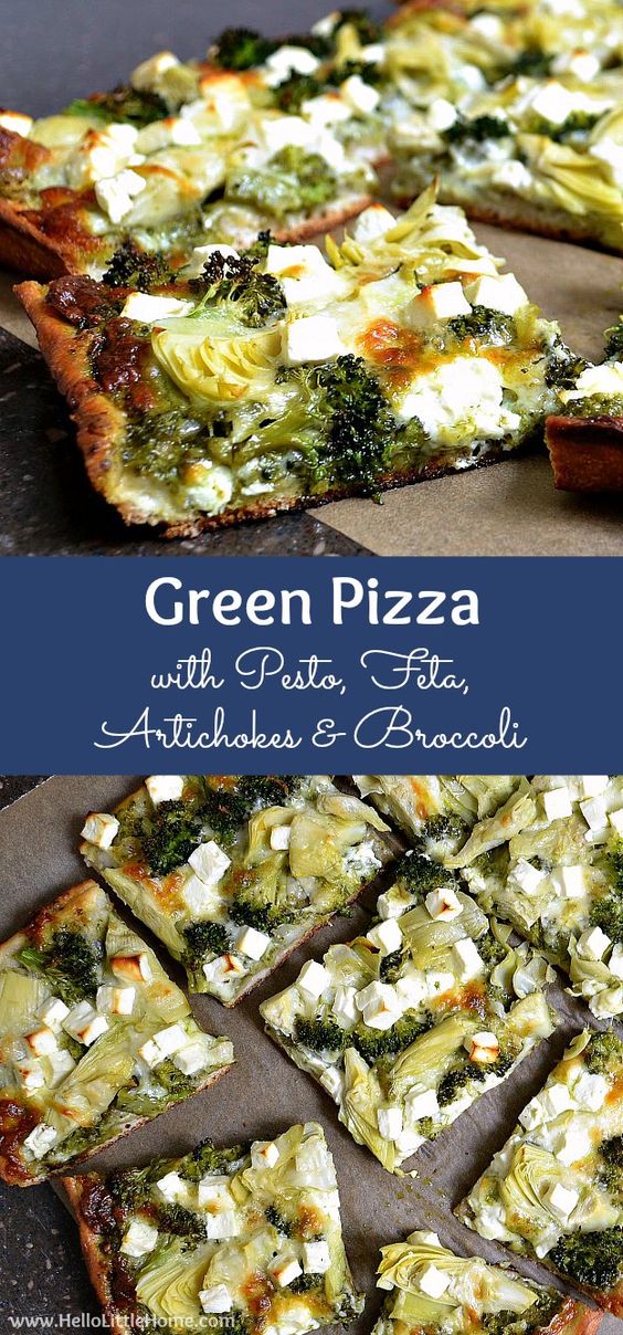 Green Pizza with Pesto, Feta, Artichokes, and Broccoli Green Pizza with Pesto, Feta, Artichokes, and Broccoli