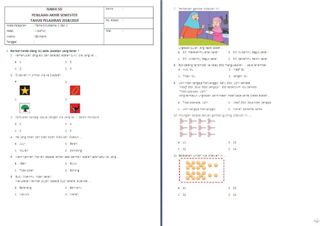 Soal UTS Kelas 1 SD/MI: Tema 5 Subtema 1 dan 2