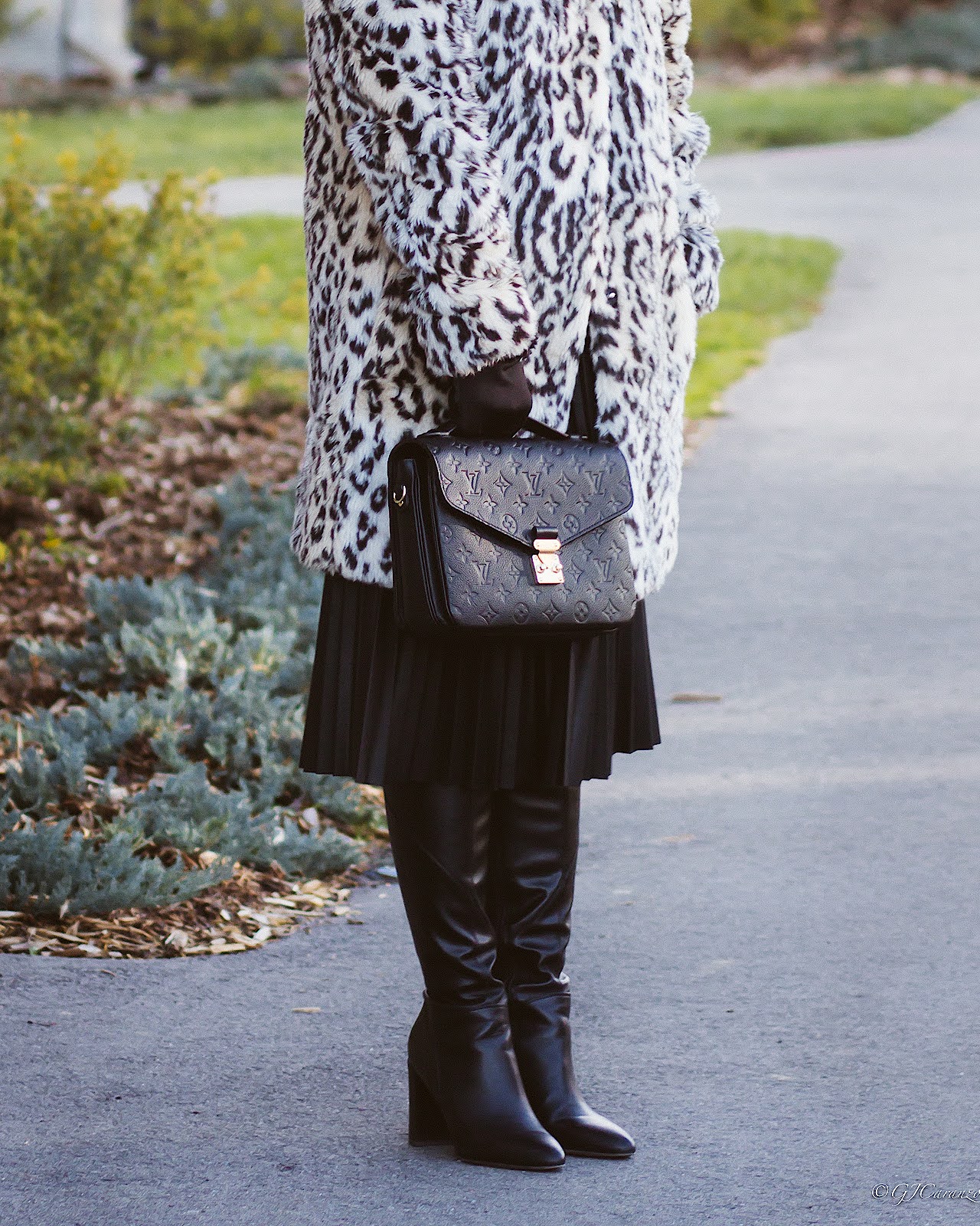 HM Leopard Print Coat | Joe Fresh Faux Leather Pleated Skirt | Louis Vuitton Black Empreinte Leather | Gucci Leather | Franco Sarto Knee High Boots | Fall Fashion | Petite Outfit